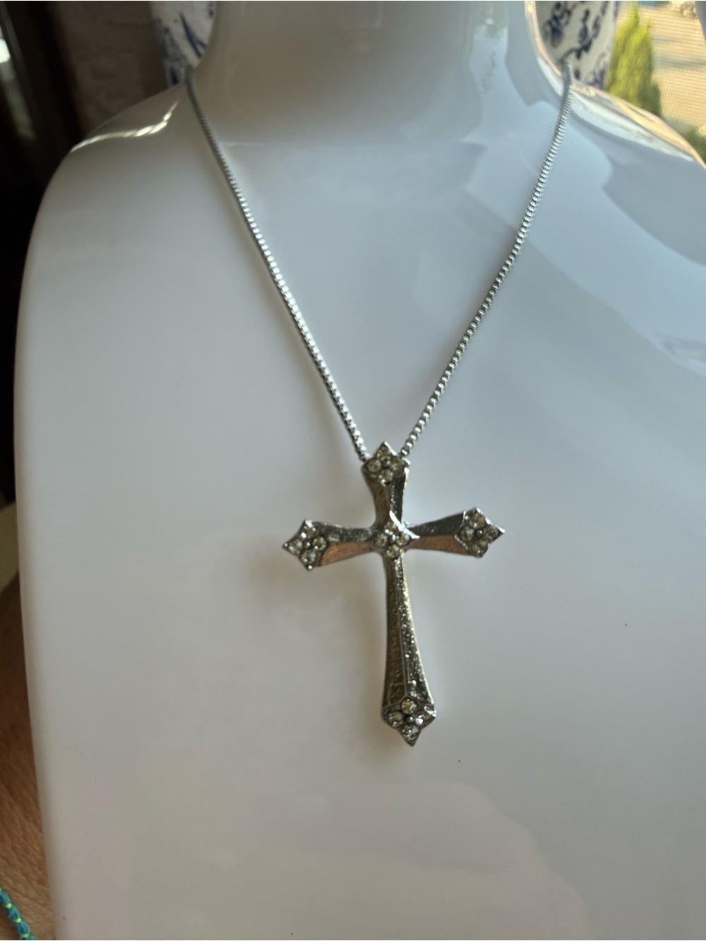 Silver Cross Pendant Necklace - Elegant Crystal Accent